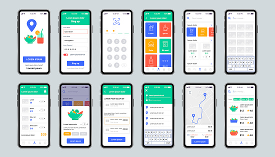 Delivery food unique design kit for mobile app. Online fast food order screens with restaurant menu. Express delivery and catering service UI, UX template set. GUI for responsive mobile application.