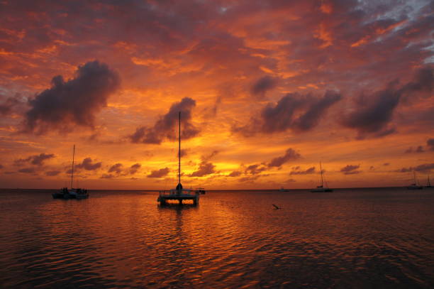 yacht sur le feu - sailing sailboat sunset aruba photos et images de collection