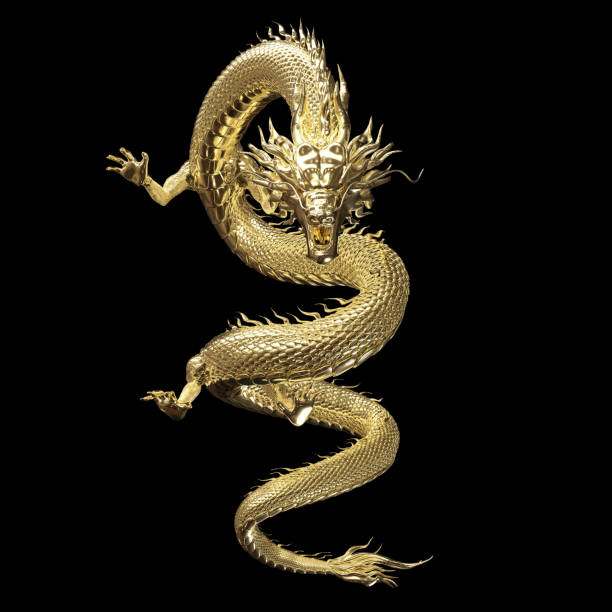dragão dourado de corpo inteiro em pose inteligente com renderização 3d incluem caminho de recorte alfa. - asia religion statue chinese culture - fotografias e filmes do acervo