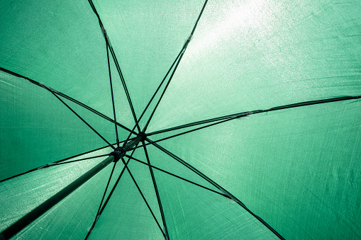 bottom view of green umbrella with bright sunlight at sunny day