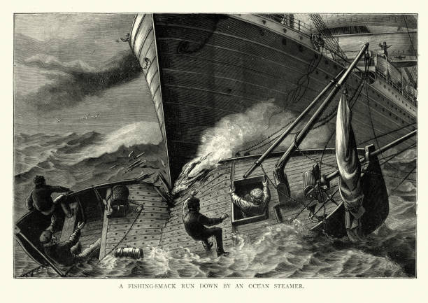 Accident at sea, Fishing boat run down by ocean steamer, Victorian Vintage engraving of a Accident at sea, Fishing boat run down by ocean steamer, Victorian, 19th Century fishing boat sinking stock illustrations