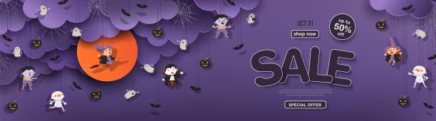 ilustrações de stock, clip art, desenhos animados e ícones de halloween sale banner with clouds, witch, vampire, ghost, bat, mummy, pumpkin - witch halloween cauldron bat