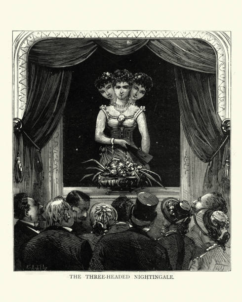 stockillustraties, clipart, cartoons en iconen met victoriaanse kermisprestaties door de driekoppige nachtegaal - theater publiek