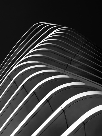 London modern architecture, residential building, black and white image sensual cruve shape