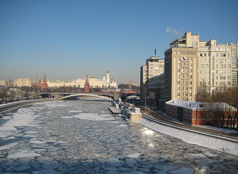 Spring ice drift on the Moscow river on a clear Sunny day