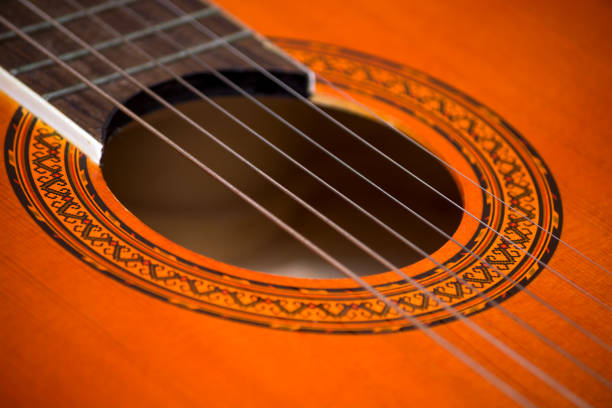 istock Rosette and strings of an acoustic guitar close up. Classical Spanish guitar. 1225630304