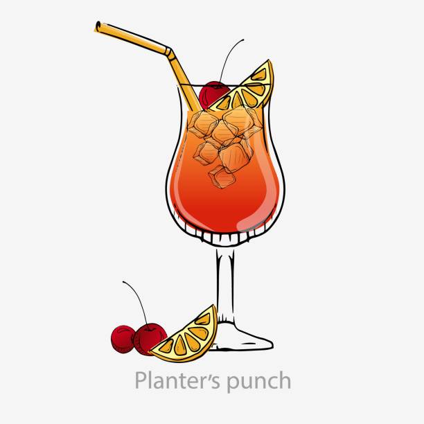 Cocktail planter punch. Dark orange cocktail cherry straw ice cube lemon slice. Cocktail planter punch. Dark orange cocktail cherry straw ice cube lemon slice long drink alcoholic dark rum sugar syrup orange juice grenadine served goblet vector glass category unforgettable. punch drink stock illustrations