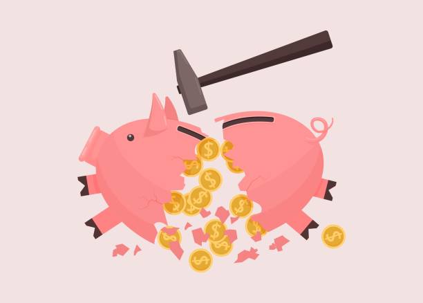 Piggy bank broken by hammer. Broken pink piggy bank spillover savings cash. Piggy bank broken by hammer. Broken pink piggy bank spillover savings cash saved profitable vector deposit crisis loan repayment investment clipart, financial income. broken money box stock illustrations