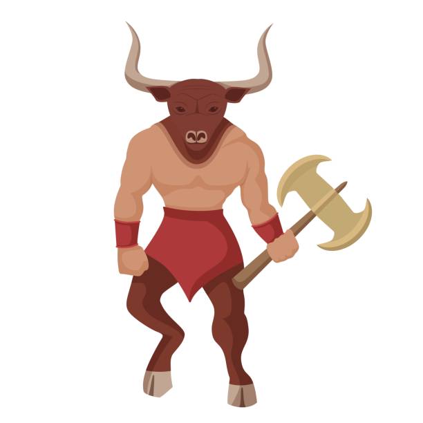 Minotaur with battle ax. Mythical greek colored powerful creature the half human bull. Minotaur with battle ax. Mythical greek colored powerful creature the half human bull legendary minotaur from cretan vector labyrinth ancient cannibal monster double ax combat clipart. crete cartoon stock illustrations