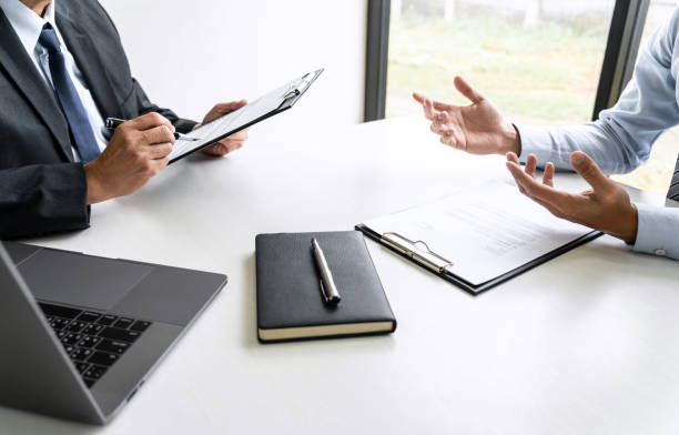 istock Job interview, Senior selection committee manager asking questions to applicant about work history, colloquy dream,  Skill, expertise, experience and businessman listen to candidate answers 1225631788