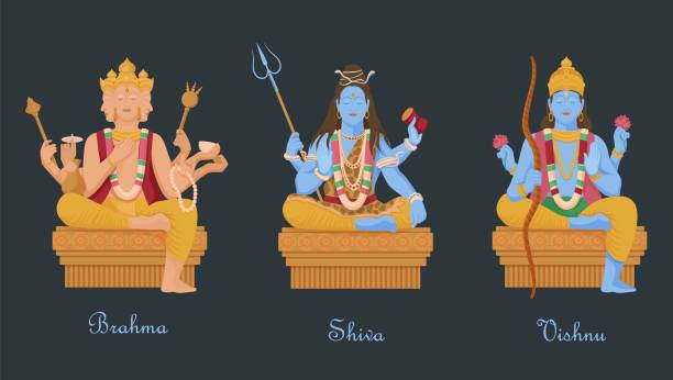 ilustraciones, imágenes clip art, dibujos animados e iconos de stock de dioses del hinduismo vishnu, shiva, brahma. tres principales deidades hindúes creadores del universo. - shiva