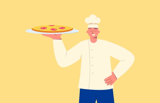 ilustraciones, imágenes clip art, dibujos animados e iconos de stock de chef con plato. cocinero sonriente con pizza de pepperoni preparada, uniforme blanco. - chef italian culture isolated french culture