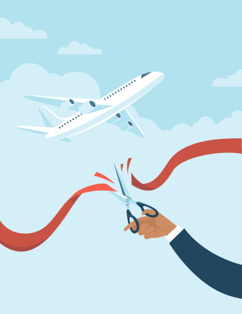 Human hand cuts red ribbon to start airlines flights again after coronavirus COVID-19 quarantine. Human hand cuts red ribbon to start airlines flights again after coronavirus quarantine. Plane fly over blue sky on background. Concept flat vector illustration for COVID-19 outbreak. airplane illustrations stock illustrations