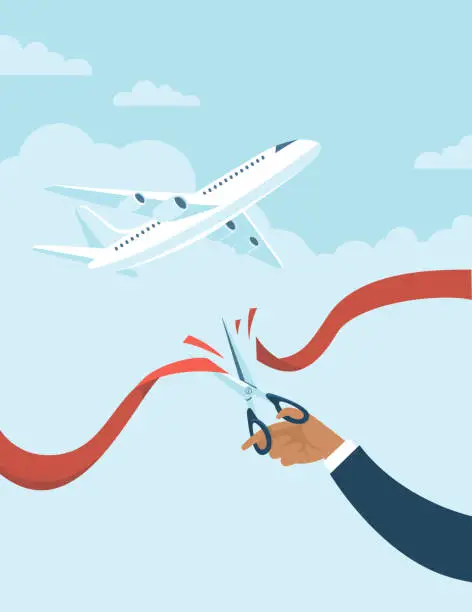 Vector illustration of Human hand cuts red ribbon to start airlines flights again after coronavirus COVID-19 quarantine.