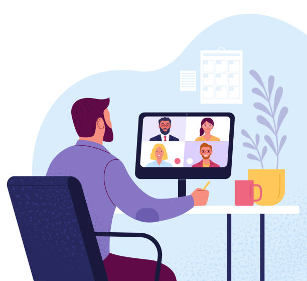 Video conference. Vector illustration of a man in suit communicates with colleagues via video call from home desk stock illustrations