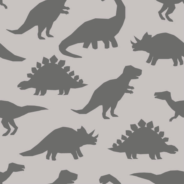 Hand drawn dinosaurs silhouette vector pattern in gray color. Cute cartoon dino pattern for childish clothes and home textile Dino silhouette pattern ornithischia stock illustrations