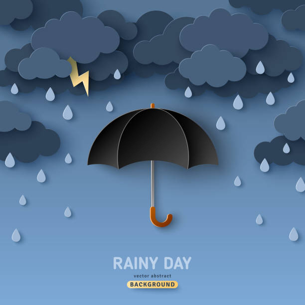 Rain and black umbrella Classic elegant opened black umbrella in paper cut style. Vector illustration. Overcast sky, thunder and lightning. Rainy day monsoon concept with dark clouds. hurricane stock illustrations