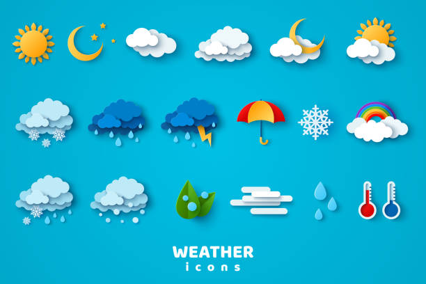 Weather icons set Paper cut weather icons set on blue background. Vector illustration. White clouds, dew on leaves, fog sign, day and night for forecast design. Winter and summer symbols, sun and thunderstorm stickers. weather stock illustrations