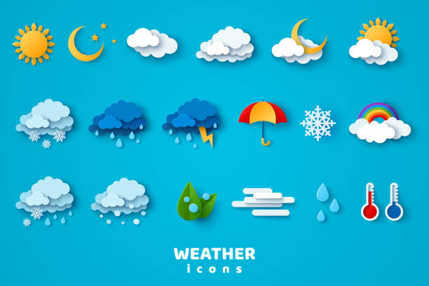 Weather icons set Paper cut weather icons set on blue background. Vector illustration. White clouds, dew on leaves, fog sign, day and night for forecast design. Winter and summer symbols, sun and thunderstorm stickers. clouds illustrations stock illustrations