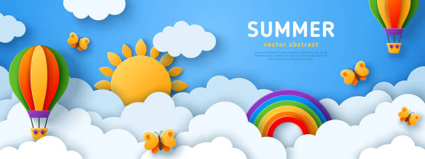Summer banner with air balloons Beautiful fluffy clouds on blue sky background with summer sun, butterfly, hot air balloons and rainbow. Vector illustration. Paper cut style. Place for text spring banner stock illustrations