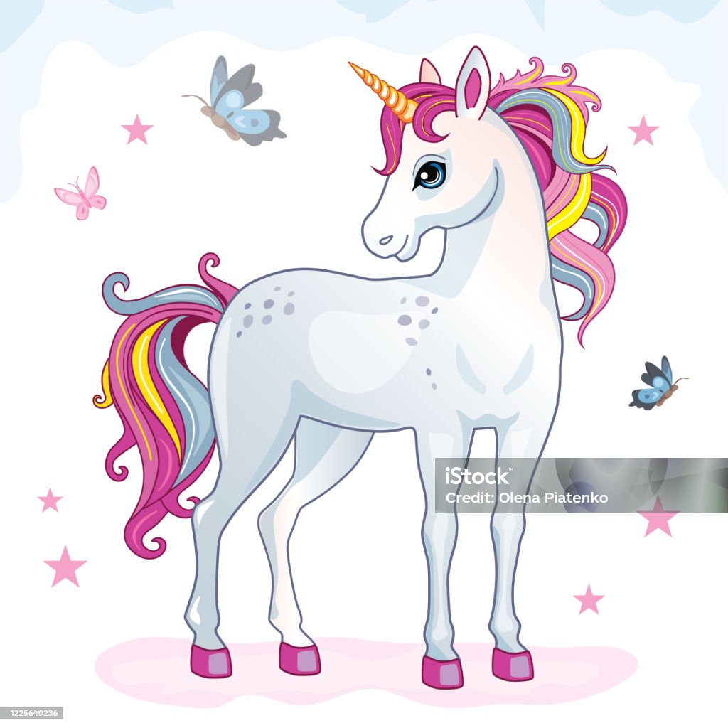 Cartoon Beautiful Unicorn With Rainbow Mane On White Background Childrens  Illustration Suitable For Print And Sticker Isolated Image With White Horse  Butterflies Stars Magic Wonderland Vector Stock Illustration - Download  Image Now -