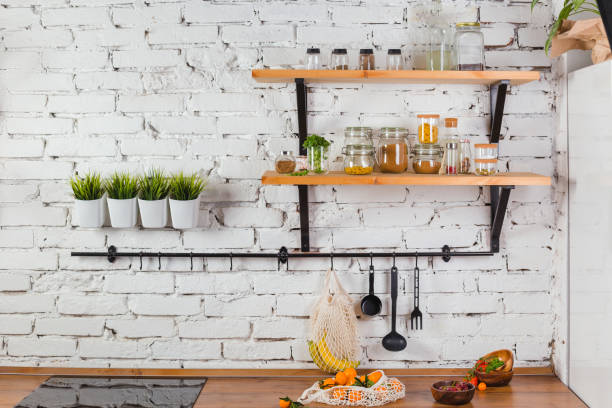 istock interior of modern kitchen white brick wall zero waste concept glass jars mesh reuse bag 1225642291