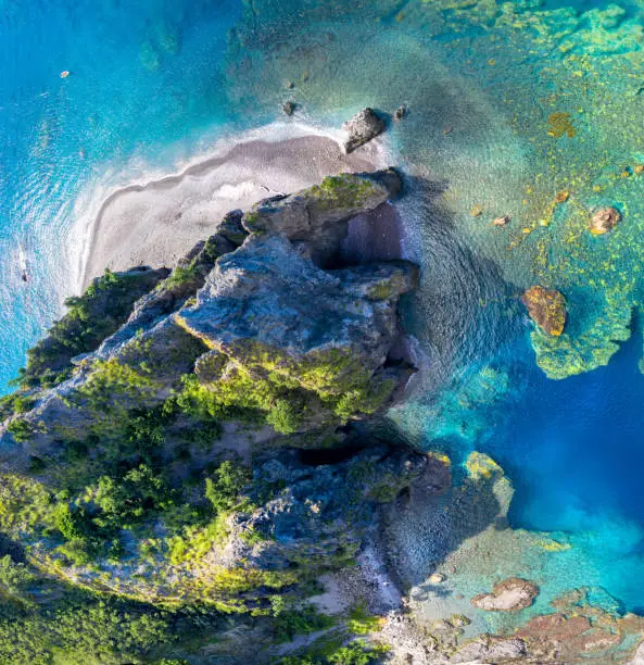 Scotts Head, Dominica, West Indies.Reefs make for a popular snorkeling destination. November 2019. Drone photo, stitched panorama.