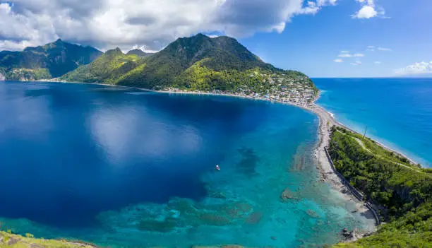 Scotts Head village, Dominica. On left side is Caribbean Sea, on right side - Atlantic Ocean. November 2019.