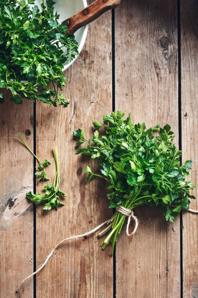 istock Fresh parsley on a wooden rustic background. 1225647200