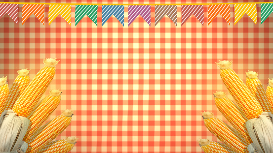 Festa Junina background, Brazilian Saint John party. Decoration with corn cobs and colored flags.