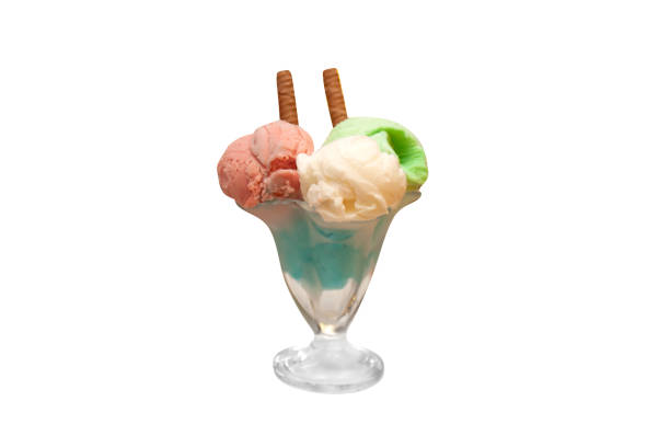 in the isolated background; mixed ice cream in glass dish