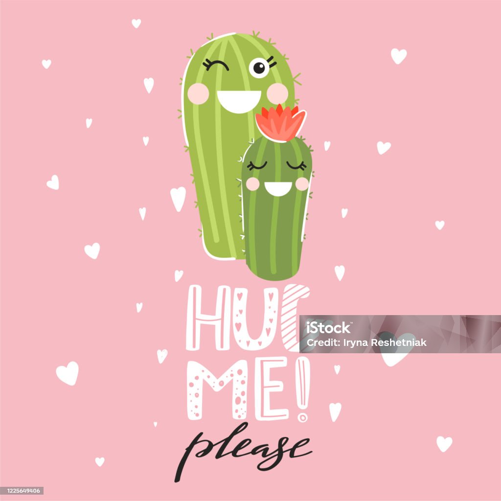 Valentines Day Greeting Card Cute Cartoon Couple Of Cactus With Funny Face  Print With Hug Me Please Inspirational Text Message Stock Illustration -  Download Image Now - iStock