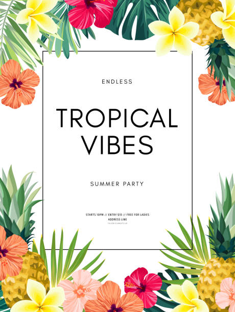 Vector summer design with exotic monstera palm leaves, Frangipani and Hibiscus flowers, pineapples and space for text. Sale offer template, banner of flyer background. Tropical backdrop illustration. Vector summer design with exotic monstera palm leaves, Frangipani and Hibiscus flowers, pineapples and space for text. Sale offer template, banner of flyer background. Tropical illustration. pineapple beach stock illustrations