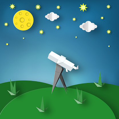 Paper Origami Abstract Concept, Applique Scene with Cut Telescope and Stars. Observation Through a Spyglass. Childish Cutout Template with Elements, Symbols for Cards. Vector Illustrations Art Design.