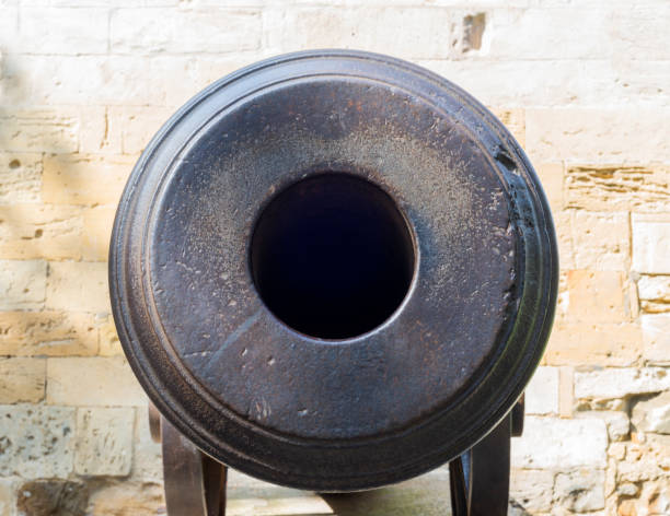 Retro cannon muzzle closeup. Macro gun muzzle front look. Artillery detail. Old iron cannon.