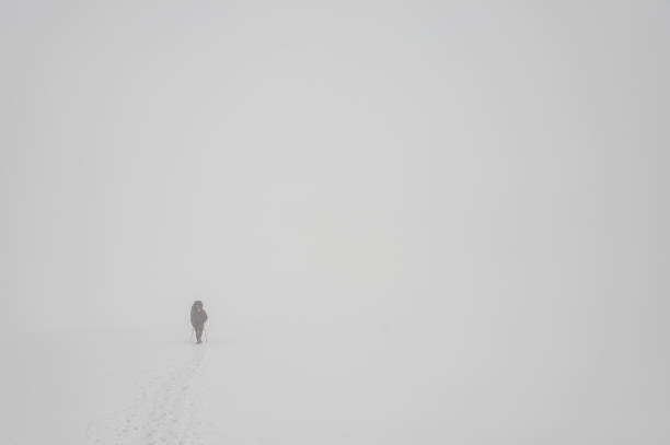 istock Man climbing on the mountain hill with hiking sticks and backpack during the blizzard 1225652967