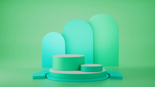istock 3d render, primitive shapes, abstract geometric background, cylinder podium, modern minimal mock up, blank template, green gold metal grid, empty showcase, shop display, blush green pastel color 1225654370