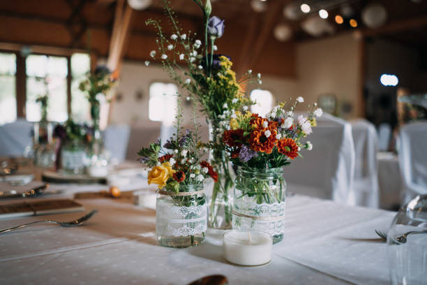 istock photo of empty wedding hall and empty tables 1225655695
