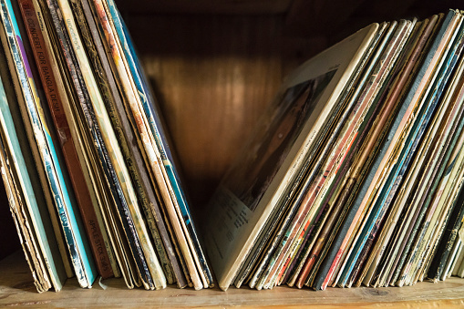 Old, more than 50 years, Vinyl records in the wooden shelf
