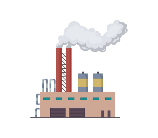 factori oder kraftwerk flache sendezeit der vektor-illustration. industrielle bauraffinerie oder kernkraftwerk. bau groß von anlage oder fabrik mit rohrrauch - factory pollution smoke cartoon stock-grafiken, -clipart, -cartoons und -symbole