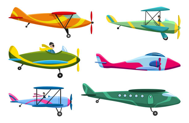 Retro airplane set. Collection of old aiplane aircraft. Different types of plane. Vector icons illustration.