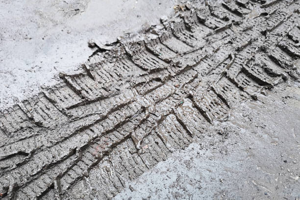 traces of the tire tread of a car on a dirt road. traces of car tires in the mud. - mud road tire track footpath imagens e fotografias de stock