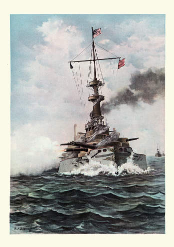 Vintage engraving of USS Indiana (BB-1) was the lead ship of her class and the first battleship in the United States Navy comparable to foreign battleships of the time.
