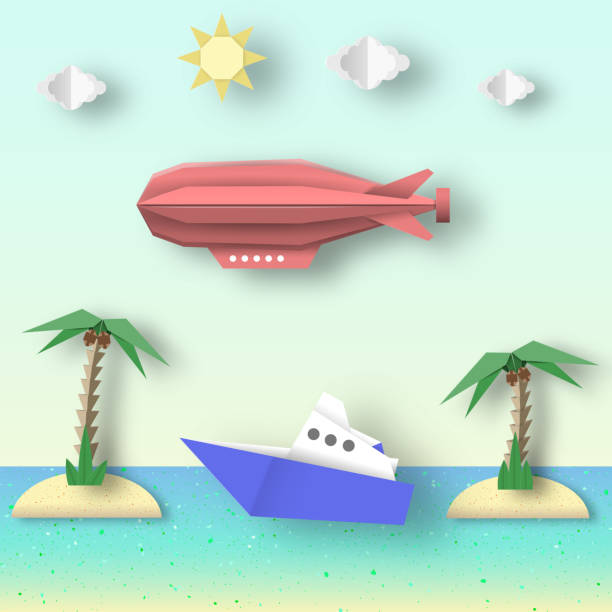 istock Airship Flies over the Sea and Island. 1225660493