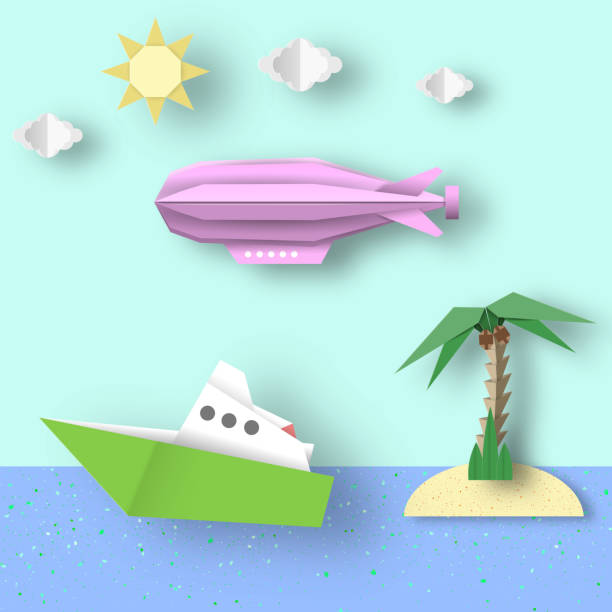 istock Airship Flies over the Sea and Island. 1225660494
