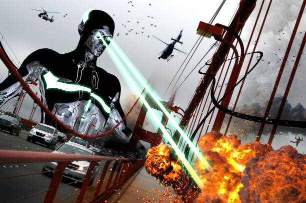 Giant Alien Attack at San Fransisco Giant alien man is attacking civilians with his laser eyes on the Golden Gate bridge. A science fiction movie scene design. New generation video game intro.

I took this photo on a trip to San Francisco, USA in June 2010. Scene from SF Downtown to Sausalito. 

My other (istock) trip photos from San Fransisco, for example: 959723408 and 850199528

My similar concepts:
1135183292 and 1171790951 destroyer photos stock pictures, royalty-free photos & images