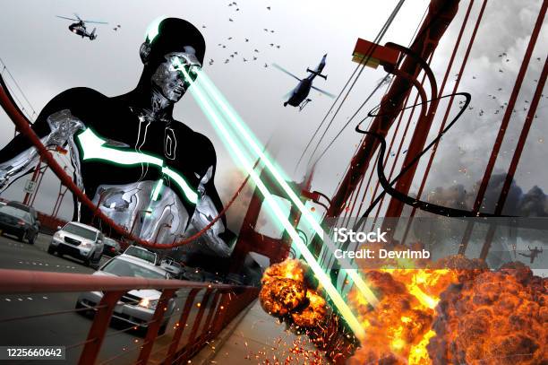 Giant Alien Attack At San Fransisco Stock Photo - Download Image Now - Movie, Alien, Video Game