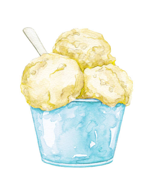 ilustraciones, imágenes clip art, dibujos animados e iconos de stock de helado amarillo acuarela en tazón azul con cuchara - white background container silverware dishware