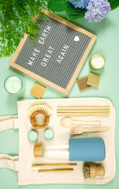 istock Pro environment concept message and zero waste household products. 1225666371