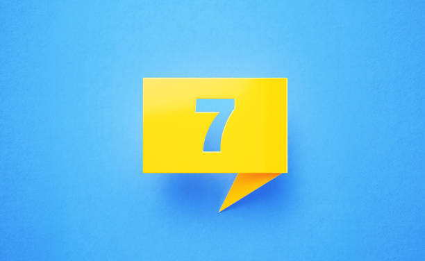 Number seven written chat bubble on blue background. Horizontal composition with copy space.